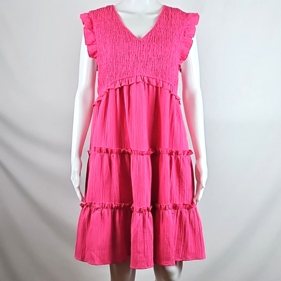 Fuchsia Hot Pink V Neck Smocked Bodice Sleeveless Ruffle Tiered Flutter Dress - Picture 4 of 16